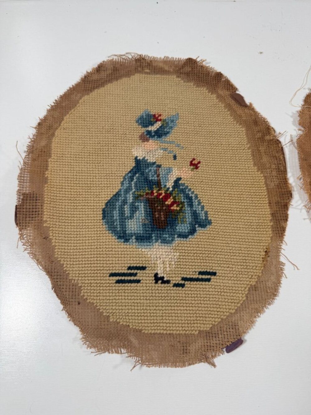 Vintage 2 Needlepoint Oval Victorian Dressed Ladies Bonnets Basket Flowers 10x8" - Picture 3 of 6